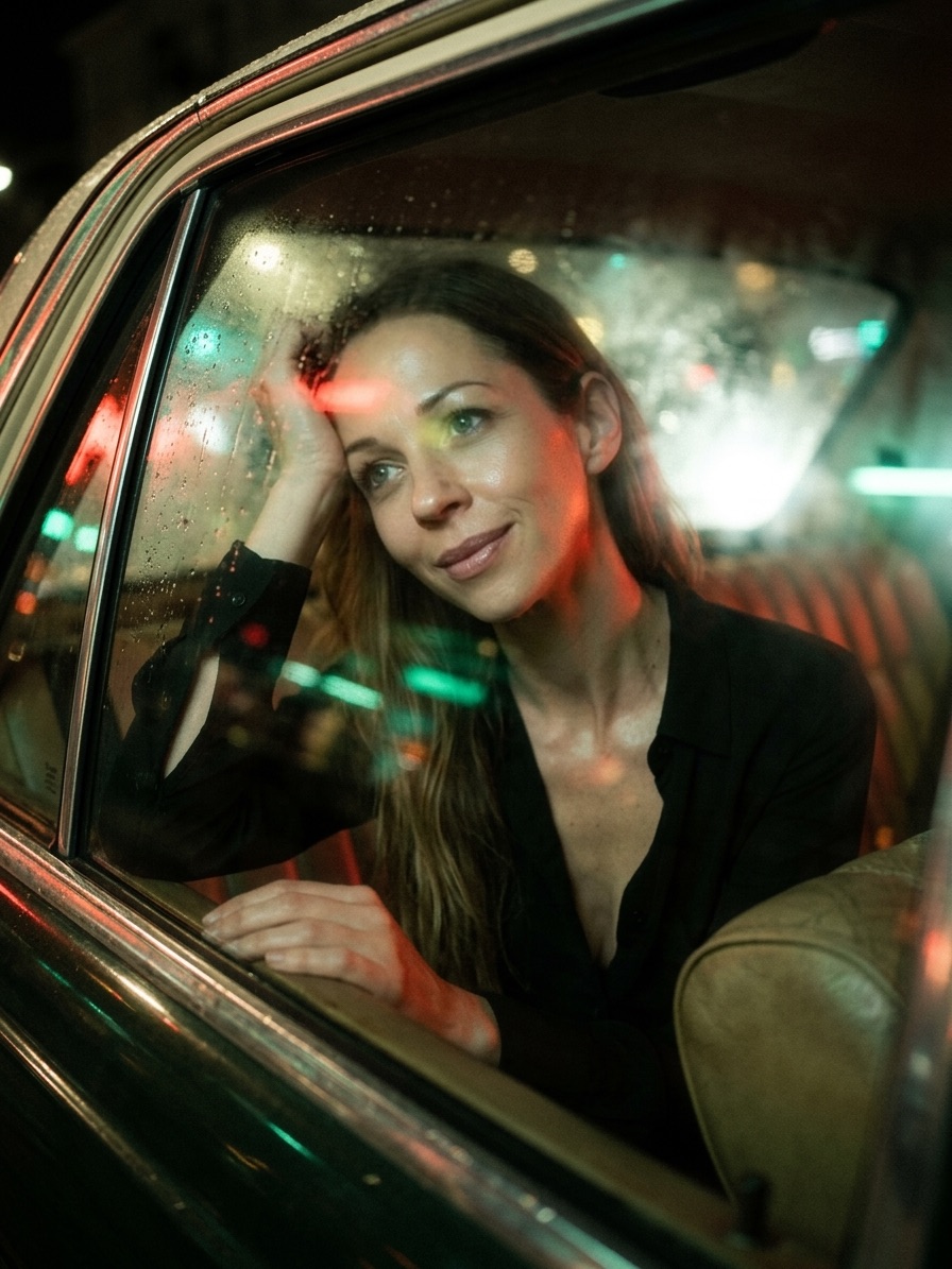 Pauline nachts im Fond eines Autos