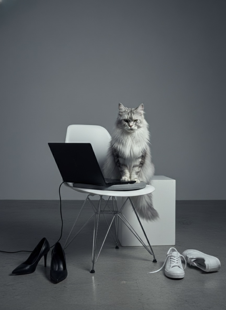 Maine Coon auf einem Stuhl, davor High Heels und Sneakers
