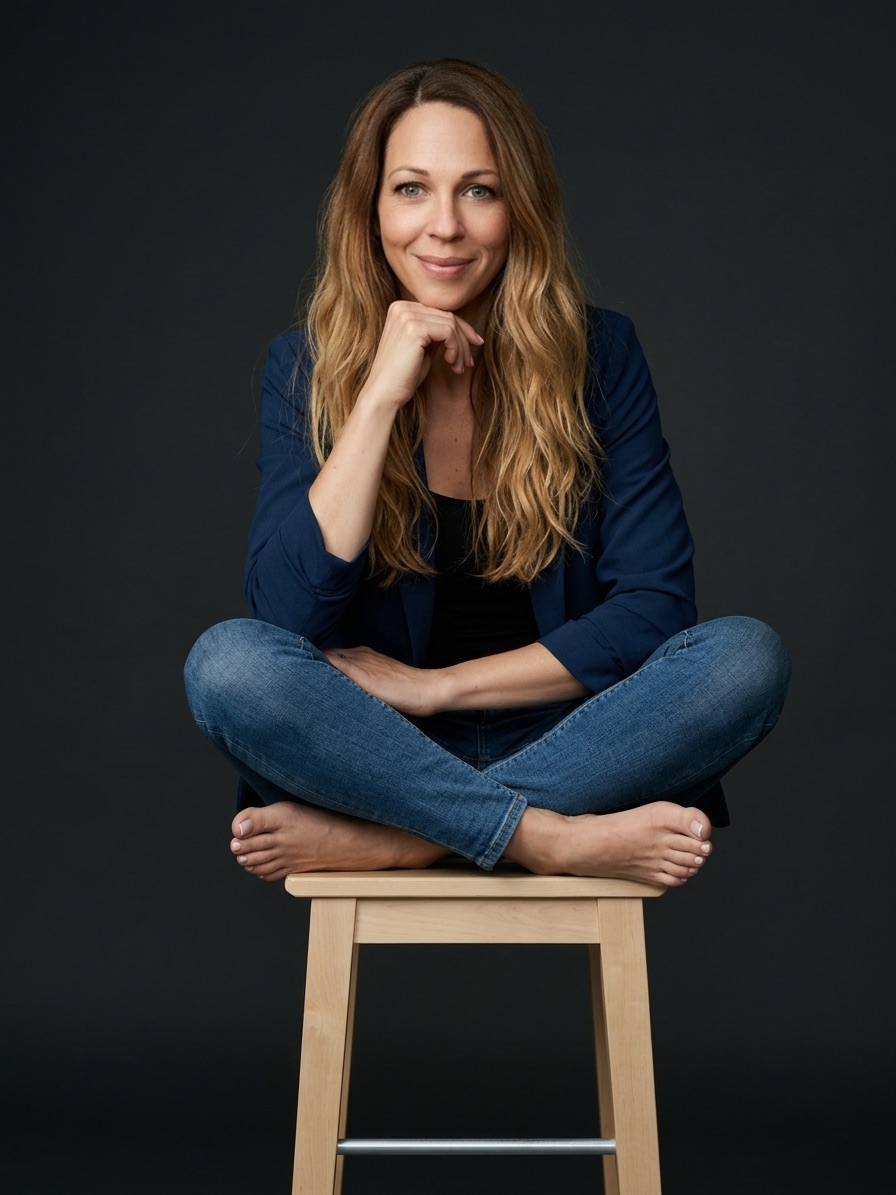 Pauline sitzt im Schneidersitz auf einem Hocker