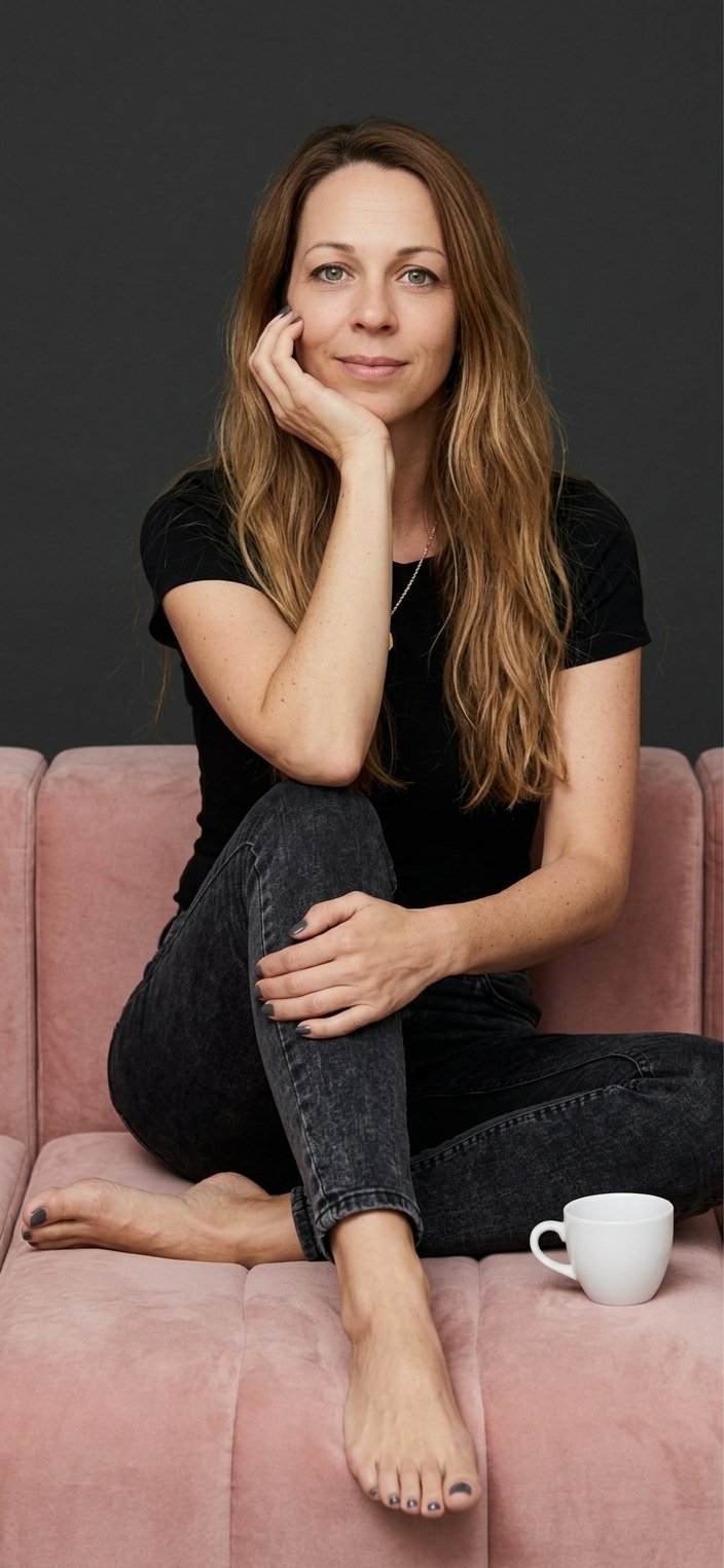 Pauline auf einem Sofa, daneben eine Tasse