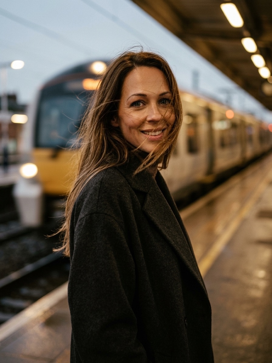 Pauline auf einem Bahnsteig, im Hintergrund ein Zug