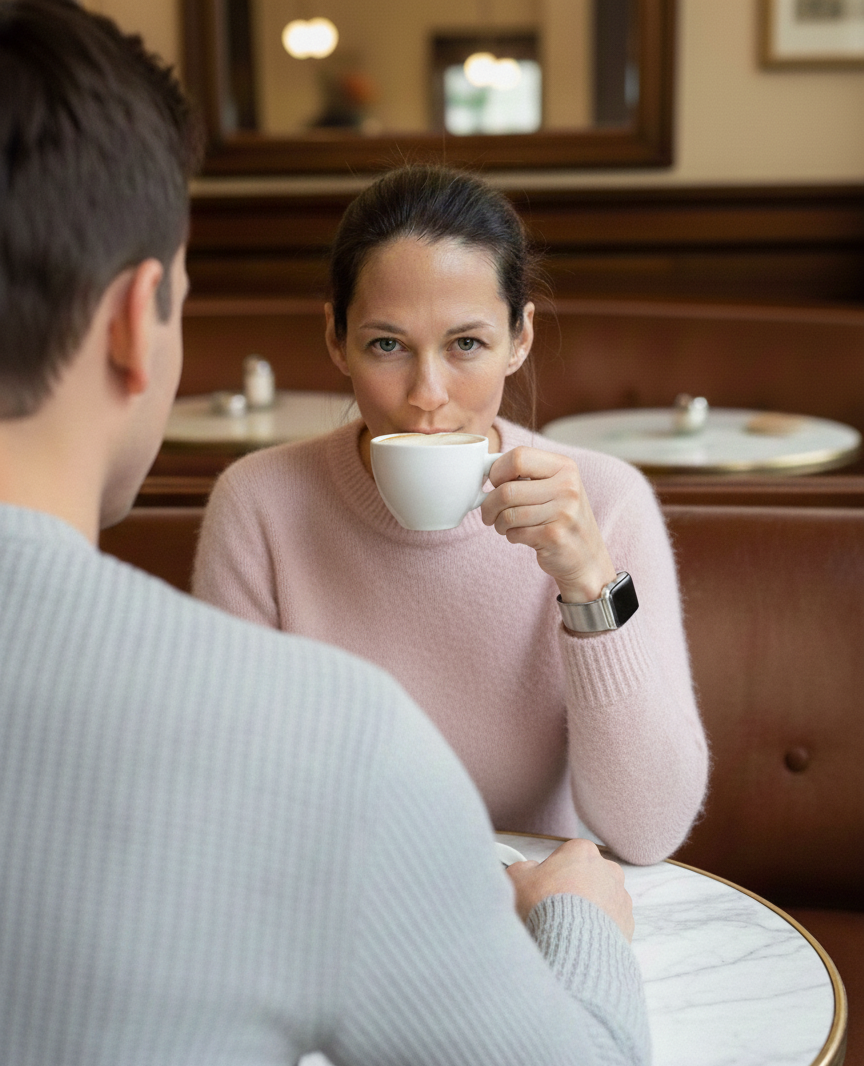 Frau mit Kaffeetasse im Gespräch in einem Wiener Kaffeehaus